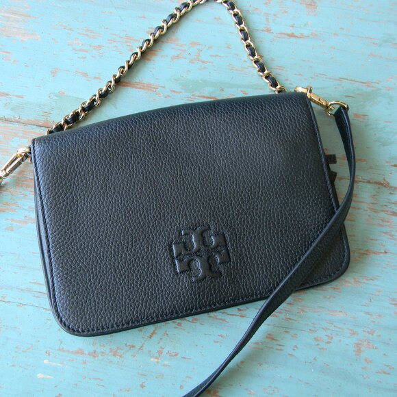 EUC TORY BURCH THEA BLACK PEBBLE LEATHER CONVERTIBLE SMALL CROSSBODY BAG CHAIN - Picture 1 of 8